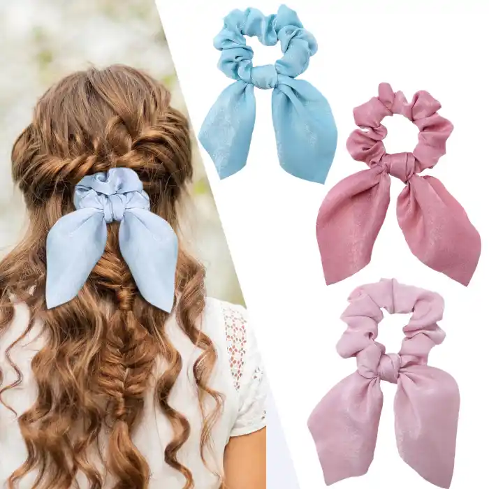 3lü Fular Scrunchie Fularlı Fiyonk Lastik Toka - Yeni Sezon Kadın Fularlı Lastik Saç Tokası Renk-3