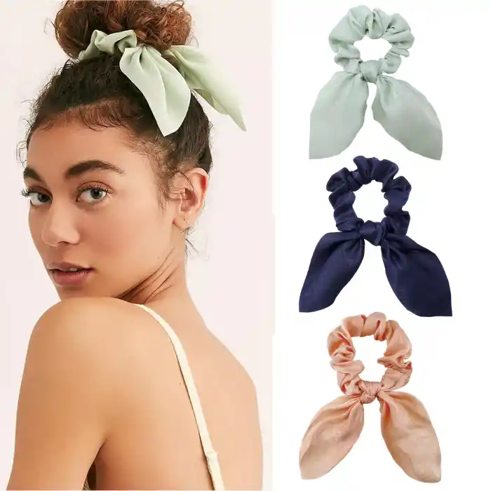 3lü Fular Scrunchie Fularlı Saç Lastiği - Kadın Fularlı Fiyonk Toka Lastikli Saç Tokası Renk-1