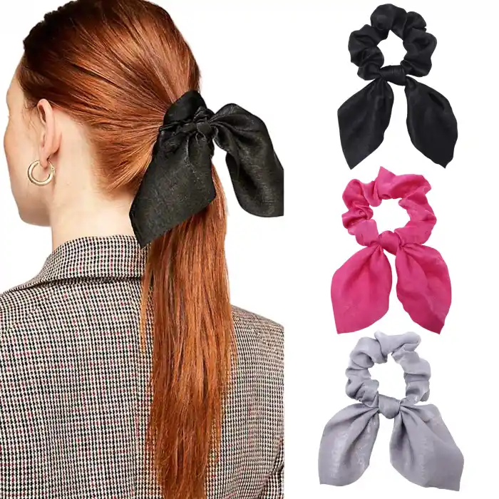 3lü Fular Scrunchie Fularlı Saç Lastiği - Kadın Fularlı Fiyonk Toka Lastikli Saç Tokası Renk-5