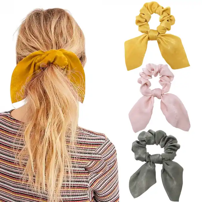 3lü Fularlı Saç Lastiği - Scrunchie Kadın Fularlı Simit Toka Lastikli Saç Aksesuarı Renk-4