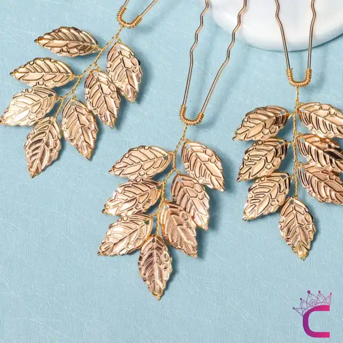 3lü Gold Yaprak Gelin Tacı Firkete Seti - Düğün Nişan Nedime Nikah Söz Aksesuar Topuz Saç Tokası