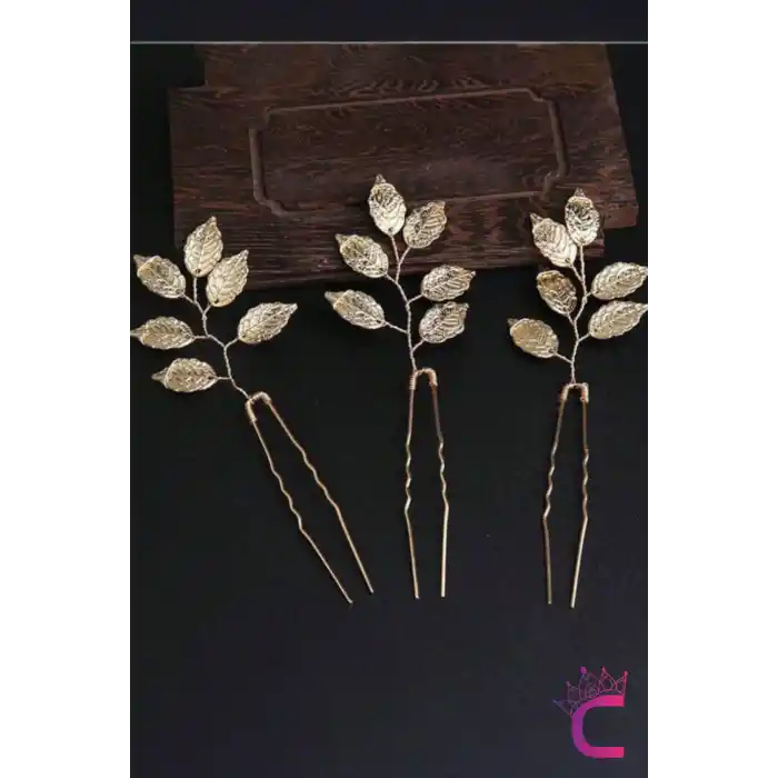 3lü Gold Yaprak Gelin Tacı Firkete Seti - Düğün Nişan Nedime Nikah Söz Aksesuar Topuz Saç Tokası