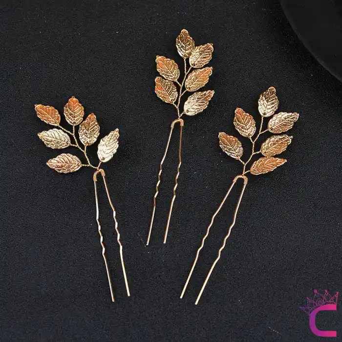 3lü Gold Yaprak Gelin Tacı Firkete Seti - Düğün Nişan Nedime Nikah Söz Aksesuar Topuz Saç Tokası