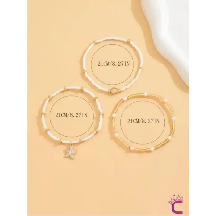 3lü Kombin Deniz Kabuğu İncili Yıldızlı Miyuki Boncuk Halhal - Plaj Takıları Ayak Bilekliği Takısı