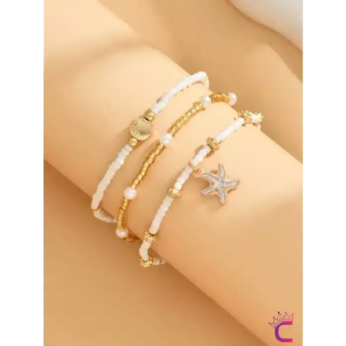 3lü Kombin Deniz Kabuğu İncili Yıldızlı Miyuki Boncuk Halhal - Plaj Takıları Ayak Bilekliği Takısı