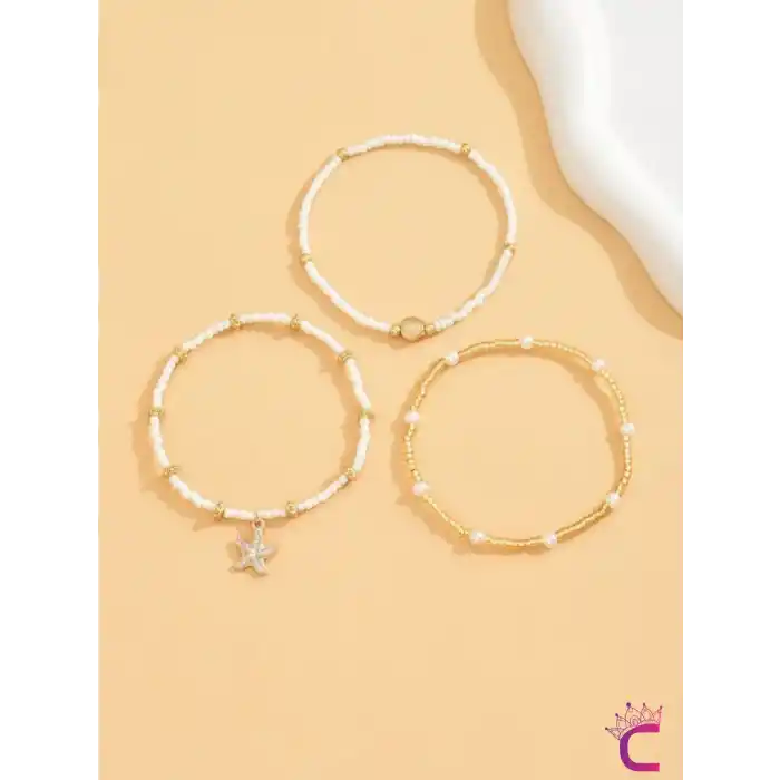 3lü Kombin Deniz Kabuğu İncili Yıldızlı Miyuki Boncuk Halhal - Plaj Takıları Ayak Bilekliği Takısı