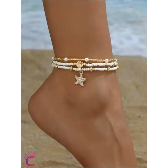 3lü Kombin Deniz Kabuğu İncili Yıldızlı Miyuki Boncuk Halhal - Plaj Takıları Ayak Bilekliği Takısı