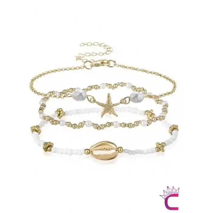 3lü Kombin Gold Deniz Yıldızlı Miyuki Boncuk Halhal - Deniz Kabuklu Plaj Takıları Ayak Bileklik