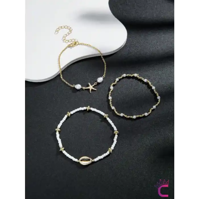 3lü Kombin Gold Deniz Yıldızlı Miyuki Boncuk Halhal - Deniz Kabuklu Plaj Takıları Ayak Bileklik