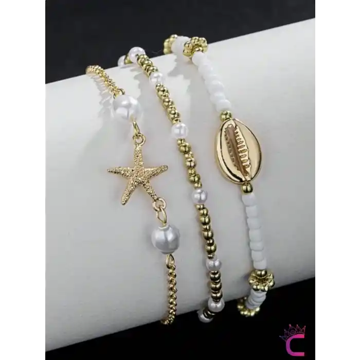 3lü Kombin Gold Deniz Yıldızlı Miyuki Boncuk Halhal - Deniz Kabuklu Plaj Takıları Ayak Bileklik