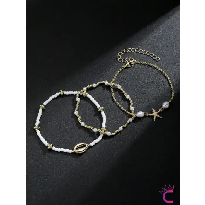 3lü Kombin Gold Deniz Yıldızlı Miyuki Boncuk Halhal - Deniz Kabuklu Plaj Takıları Ayak Bileklik