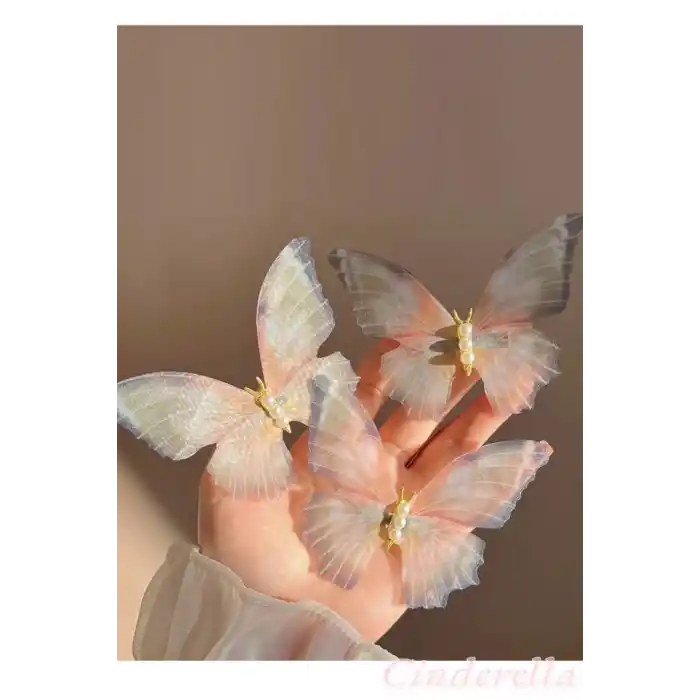 3lü Kuru Yaprak Renkli İnci Taşlı Hareketli Tül Kelebek Toka Seti 10 cm - Büyük Boy Kelebekli Toka