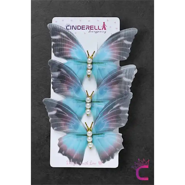 3lü Mavi Degrade İnci Taşlı Tül Hareketli Kelebek Toka Seti 10cm - Büyük Boy Kelebekli Saç Tokası