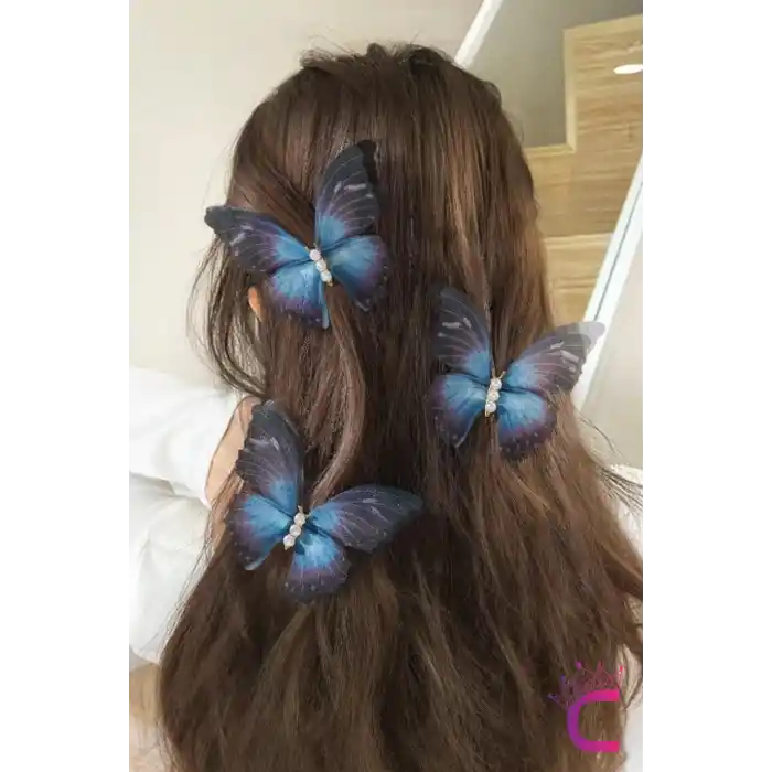 3lü Mavi Degrade İnci Taşlı Tül Hareketli Kelebek Toka Seti 10cm - Büyük Boy Kelebekli Saç Tokası