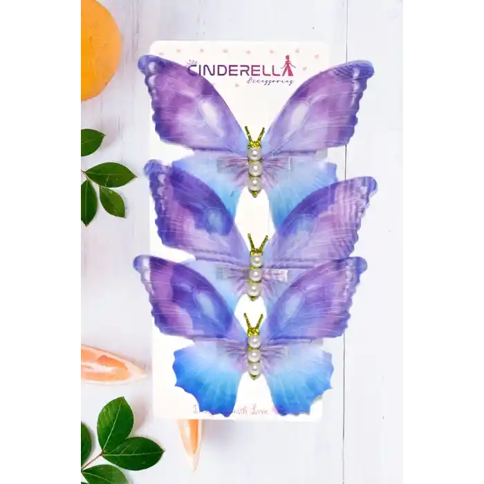 3lü Mor Degrade İncili Taşlı Tül Hareketli Kelebek Toka Seti 10cm - Büyük Boy Kelebekli Saç Tokası