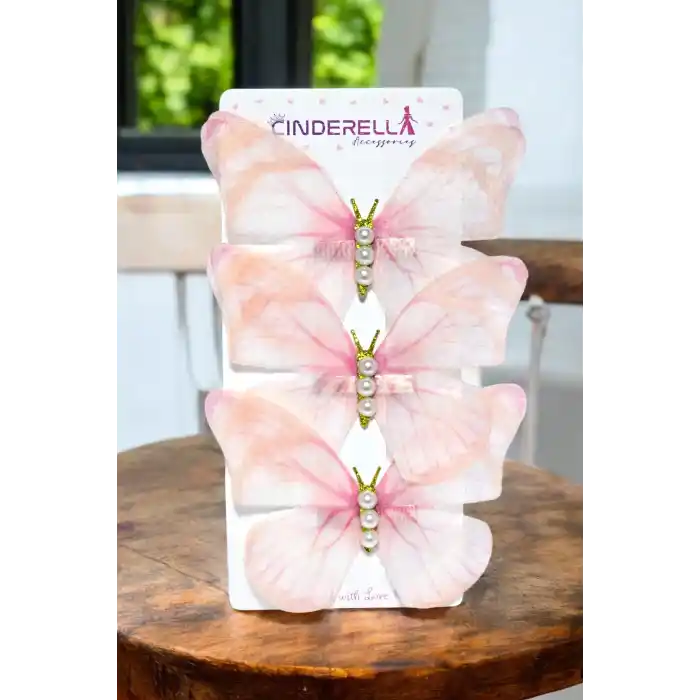 3lü Pembe Degrade İnci Taşlı Tül Hareketli Kelebek Toka Seti 10cm - Büyük Boy Kelebekli Saç Tokası