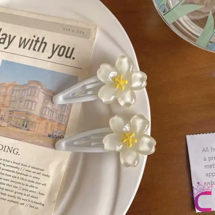 3lü Tatlı Beyaz Kiraz Çiçeği Çıtçıt Kız Çocuk Toka Seti 5cm - Yumuşak Çıt Çıt Yan Saç Tokası