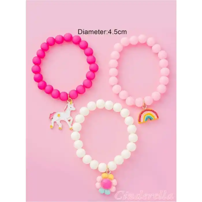 3lü Unicorn Boncuklu Charm Kız Çocuk Bileklik Seti