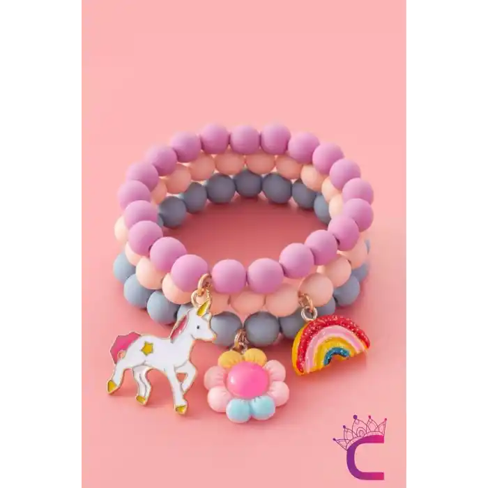 3lü Unicorn Çiçekli Boncuklu Charm Hediyelik Kız Çocuk Bileklik Seti Arkadaşa Doğum Günü Hediyesi