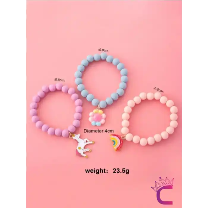 3lü Unicorn Çiçekli Boncuklu Charm Hediyelik Kız Çocuk Bileklik Seti Arkadaşa Doğum Günü Hediyesi