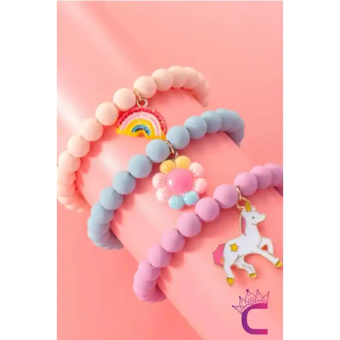 3lü Unicorn Çiçekli Boncuklu Charm Hediyelik Kız Çocuk Bileklik Seti Arkadaşa Doğum Günü Hediyesi