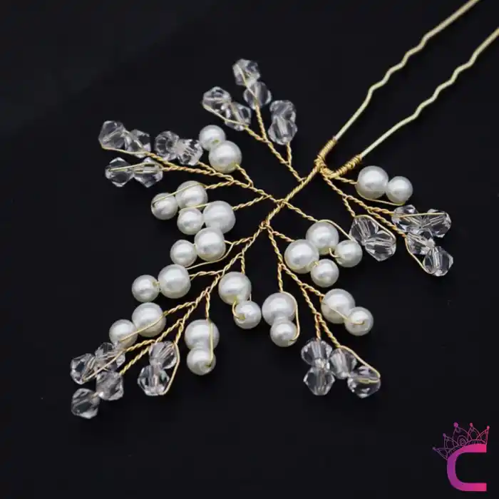 3lü Zarif İncili Kristal Taşlı Gelin Tacı Firkete Toka Gold - Düğün Nişan Nikah Söz Saç Aksesuarı