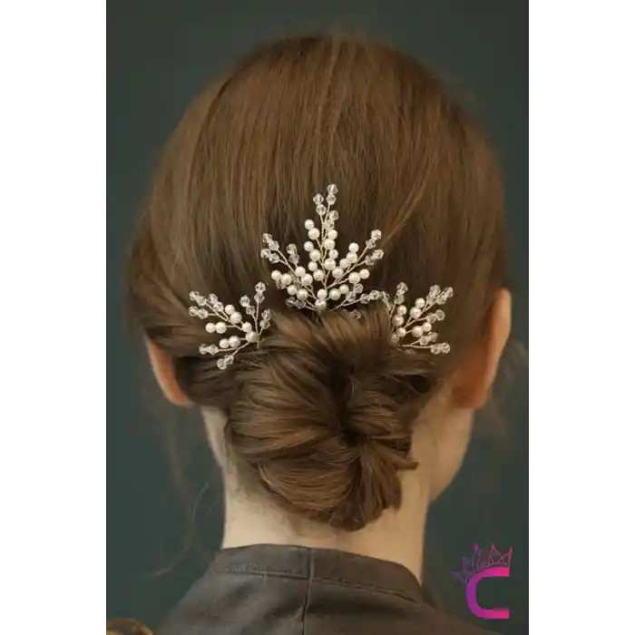3lü Zarif İncili Kristal Taşlı Gelin Tacı Firkete Toka Gold - Düğün Nişan Nikah Söz Saç Aksesuarı