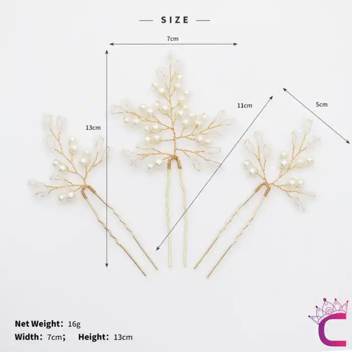 3lü Zarif İncili Kristal Taşlı Gelin Tacı Firkete Toka Gold - Düğün Nişan Nikah Söz Saç Aksesuarı