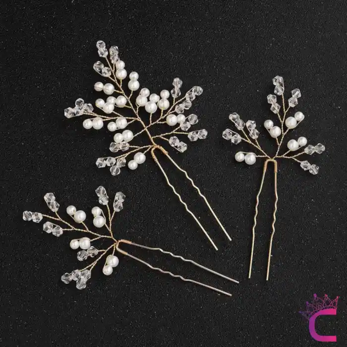 3lü Zarif İncili Kristal Taşlı Gelin Tacı Firkete Toka Gold - Düğün Nişan Nikah Söz Saç Aksesuarı