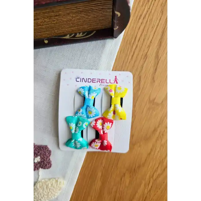 4lü Çiçekli Fiyonk Saçsız Kız Bebek Tokası 4cm - Kurdeleli Az Saçlı Yenidoğan Saç Toka Seti Klipsi