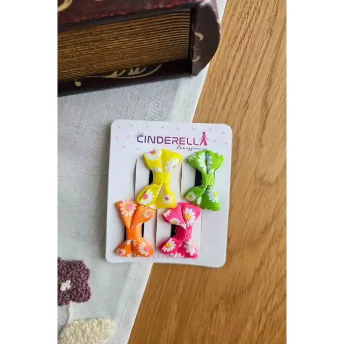 4lü Çiçekli Fiyonk Saçsız Kız Bebek Tokası 4cm - Kurdeleli Az Saçlı Yenidoğan Saç Toka Seti Klipsi