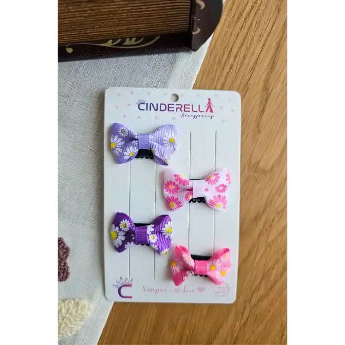 4lü Çiçekli Fiyonk Saçsız Kız Bebek Tokası 4cm - Kurdeleli Az Saçlı Yenidoğan Saç Toka Seti Klipsi