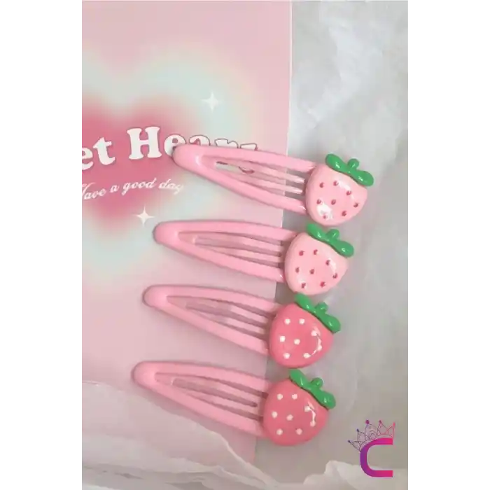 4lü Çilekli Çıt Çıt Kız Çocuk Toka Seti Pembe - Yumuşak Çıtçıt Bebek Saç Tokası Çıtçıtlı Toka