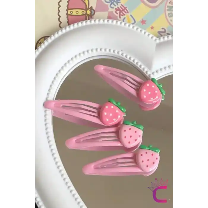 4lü Çilekli Çıt Çıt Kız Çocuk Toka Seti Pembe - Yumuşak Çıtçıt Bebek Saç Tokası Çıtçıtlı Toka