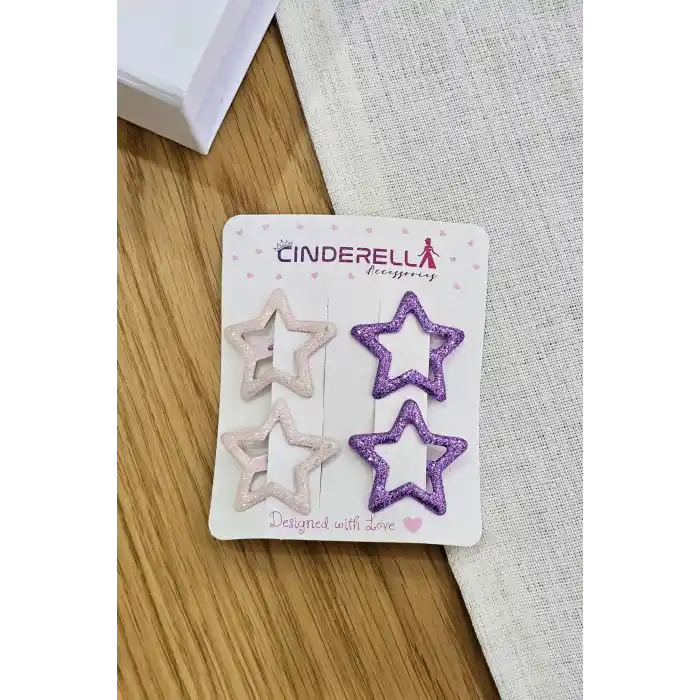 4lü Dökme Simli Açık Pembe Mor Yıldızlı Çıtçıt Toka Seti - Kız Çocuk Metal Çıtçıtlı Saç Tokası