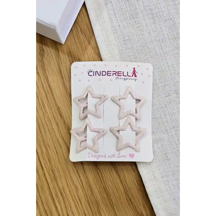 4lü Dökme Simli Açık Pembe Yıldızlı Çıtçıtlı Toka Seti - Renkli Kız Çocuk Yıldız Çıt Çıt Saç Tokası