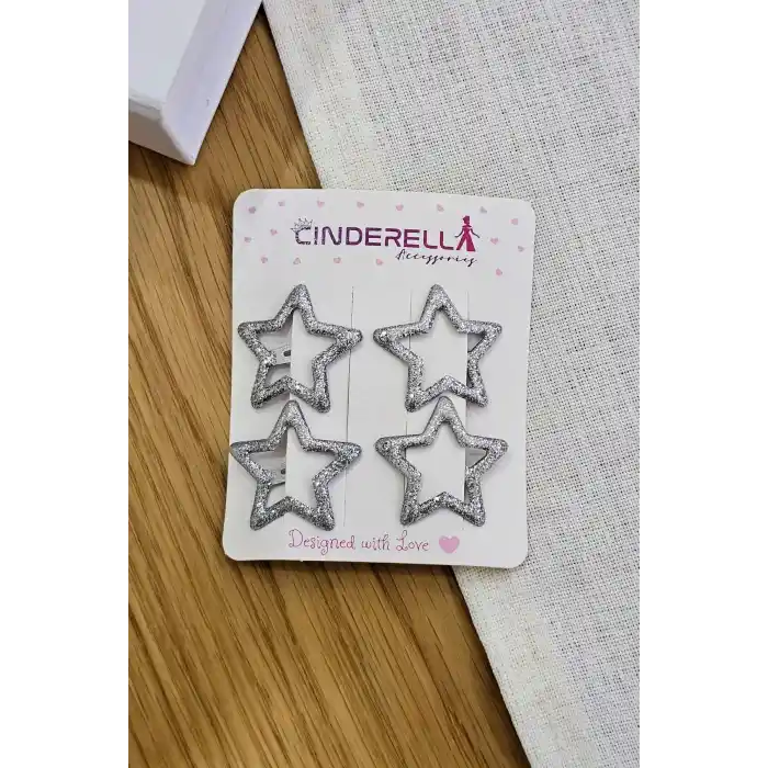 4lü Dökme Simli Gümüş Yıldızlı Çıtçıtlı Toka Seti - Renkli Kız Çocuk Yıldız Çıt Çıt Yan Saç Tokası