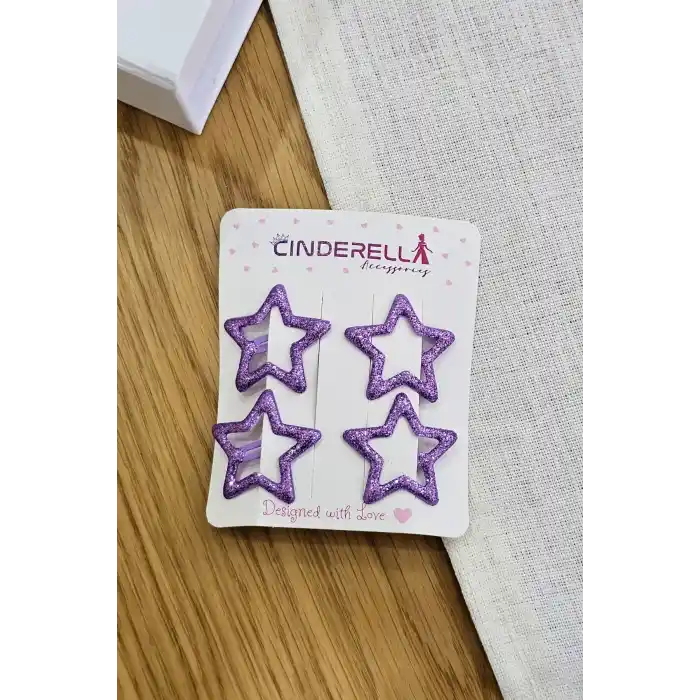 4lü Dökme Simli Mor Yıldız Çıtçıtlı Toka Seti - Renkli Kız Çocuk Yıldızlı Çıt Çıt Yan Saç Tokası