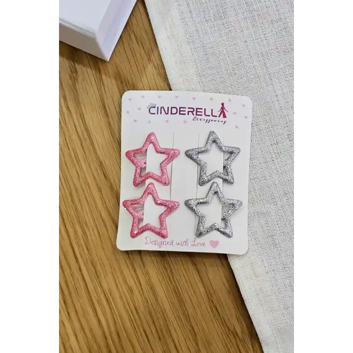 4lü Dökme Simli Pembe Gümüş Yıldızlı Çıtçıt Toka Seti - Renkli Kız Çocuk Metal Çıt Çıt Saç Tokası