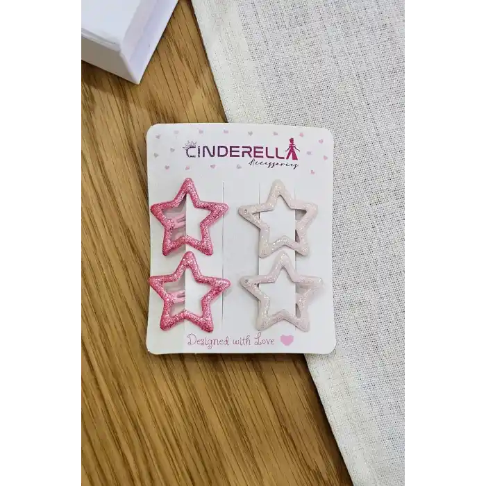 4lü Dökme Simli Pembe Tonlu Yıldız Çıtçıtlı Toka Seti - Renkli Kız Çocuk Metal Çıt Çıt Saç Tokası