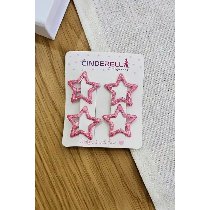 4lü Dökme Simli Pembe Yıldızlı Çıtçıtlı Toka Seti - Renkli Kız Çocuk Yıldız Çıt Çıt Yan Saç Tokası