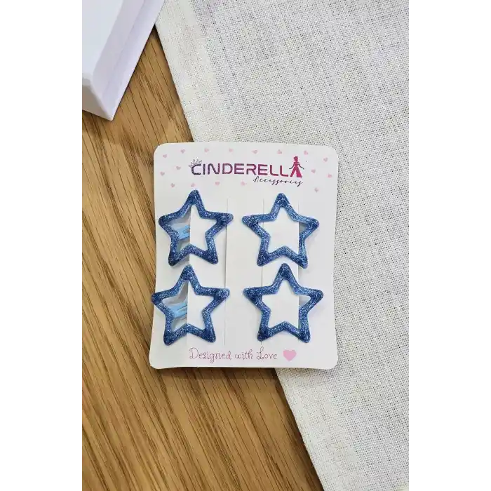 4lü Dolgu Simli Deniz Mavi Yıldızlı Çıtçıt Toka Seti - Kız Çocuk Yıldız Çıt Çıt Yan Saç Tokası