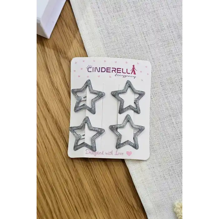 4lü Dolgu Simli Gümüş Yıldız Çıt Çıt Toka Seti - Kabartmalı Yıldızlı Çıtçıtlı Saç Tokası Metal