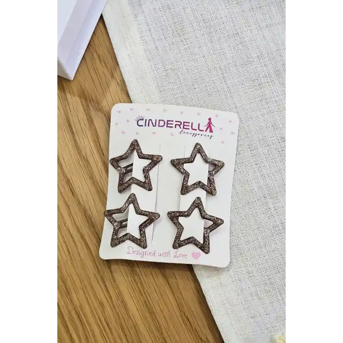 4lü Dolgu Simli Kahverengi Yıldızlı Çıtçıt Toka Seti - Kız Çocuk Yıldız Metal Çıt Çıt Saç Tokası