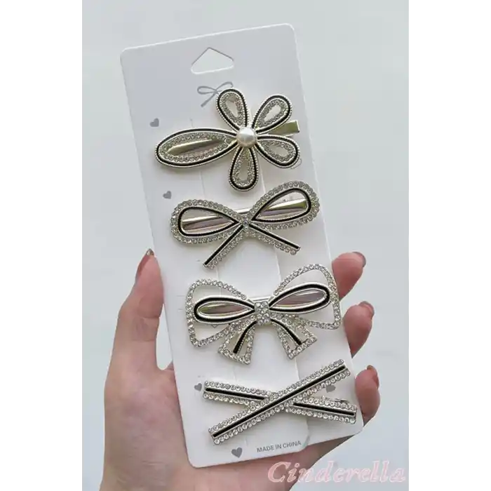 4lü Fiyonk Çiçek İnci Taşlı Toka Seti - Yeni Sezon Lüks Toka Seti