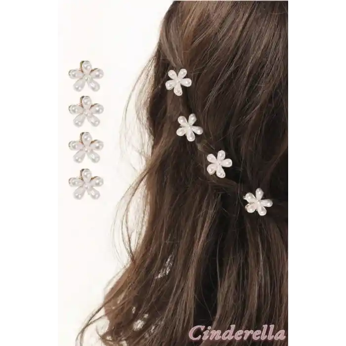 4lü İnci Çiçek Tasarımlı Metal Saç Pençe Klips Seti - Doğum Günü ve Düğün için Saç Aksesuarı Tokası