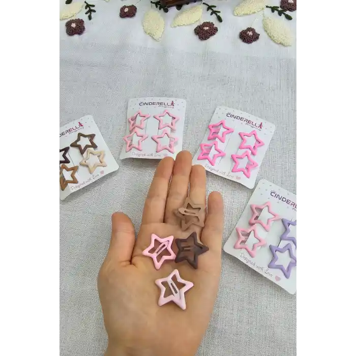4lü Kaplamalı Mat Sütlü Kahve Yıldızlı Çıtçıtlı Toka Seti - Kız Çocuk Yıldız Çıt Çıt Yan Saç Tokası