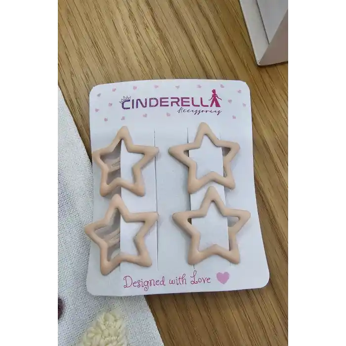 4lü Kaplamalı Mat Bej Renkli Yıldızlı Çıtçıt Toka Seti - Kız Çocuk Yıldız Çıtçıtlı Yan Saç Tokası