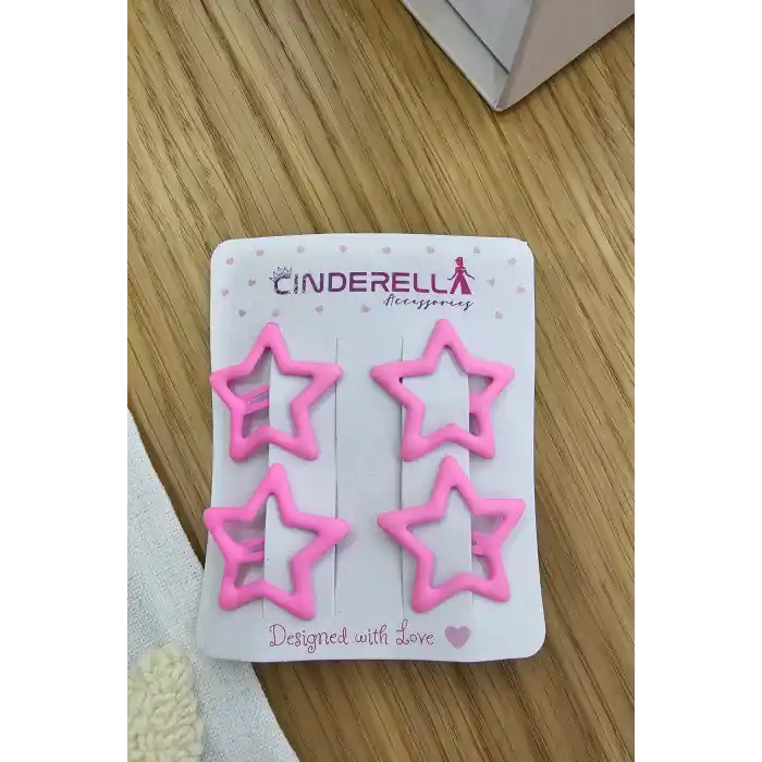 4lü Kaplamalı Mat Fuşya Renkli Yıldız Çıt Çıt Toka Seti - Kız Çocuk Yıldızlı Çıtçıt Yan Saç Tokası