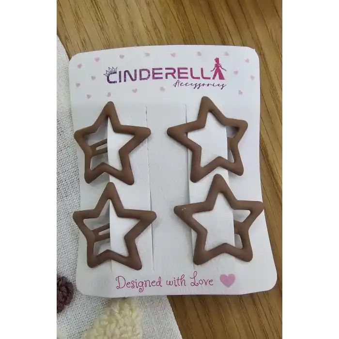 4lü Kaplamalı Mat Kahve Renkli Yıldızlı Çıtçıt Toka Seti - Kız Çocuk Yıldız Çıtçıtlı Yan Saç Tokası